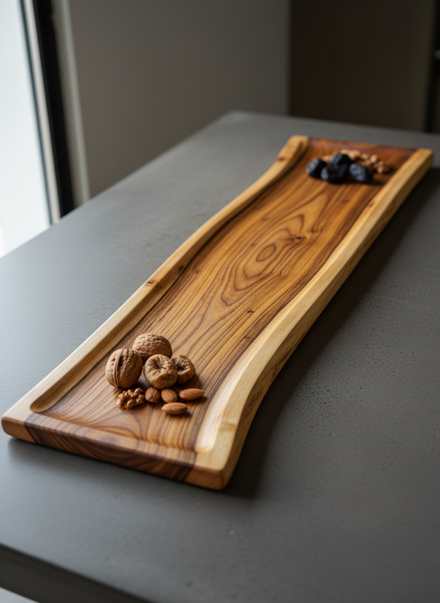 A gracefully elongated hardwood serving platter with softly curved edges and a satin finish, its surface showcasing intricate swirling grain in warm honey and espresso tones. The platter rests on a matte charcoal concrete tabletop with a few artfully arranged nuts and figs emphasizing its size and use. Soft, diffused daylight from an unseen side window creates gentle highlights along the rim and subtle shadows beneath, emphasizing the wood’s texture and depth. Photographic realism with a clean, modern aesthetic, captured from a slightly elevated three-quarter angle with shallow depth of field, keeping the platter in crisp focus while the background softly blurs to convey a sophisticated, gallery-like atmosphere.